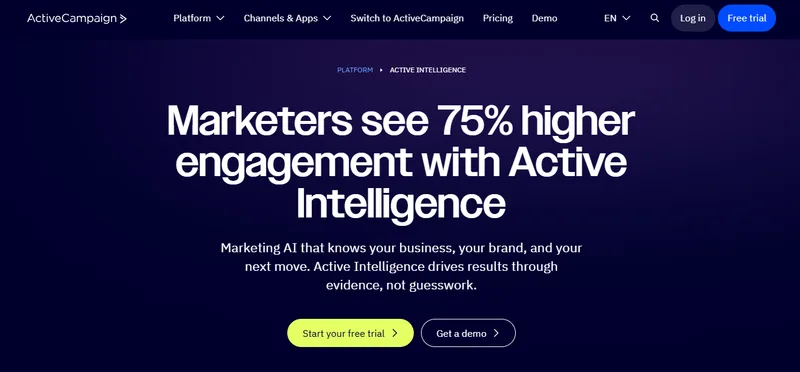 ActiveCampaign's Active Intelligence page headline: marketers see 75% higher engagement with Active Intelligence.