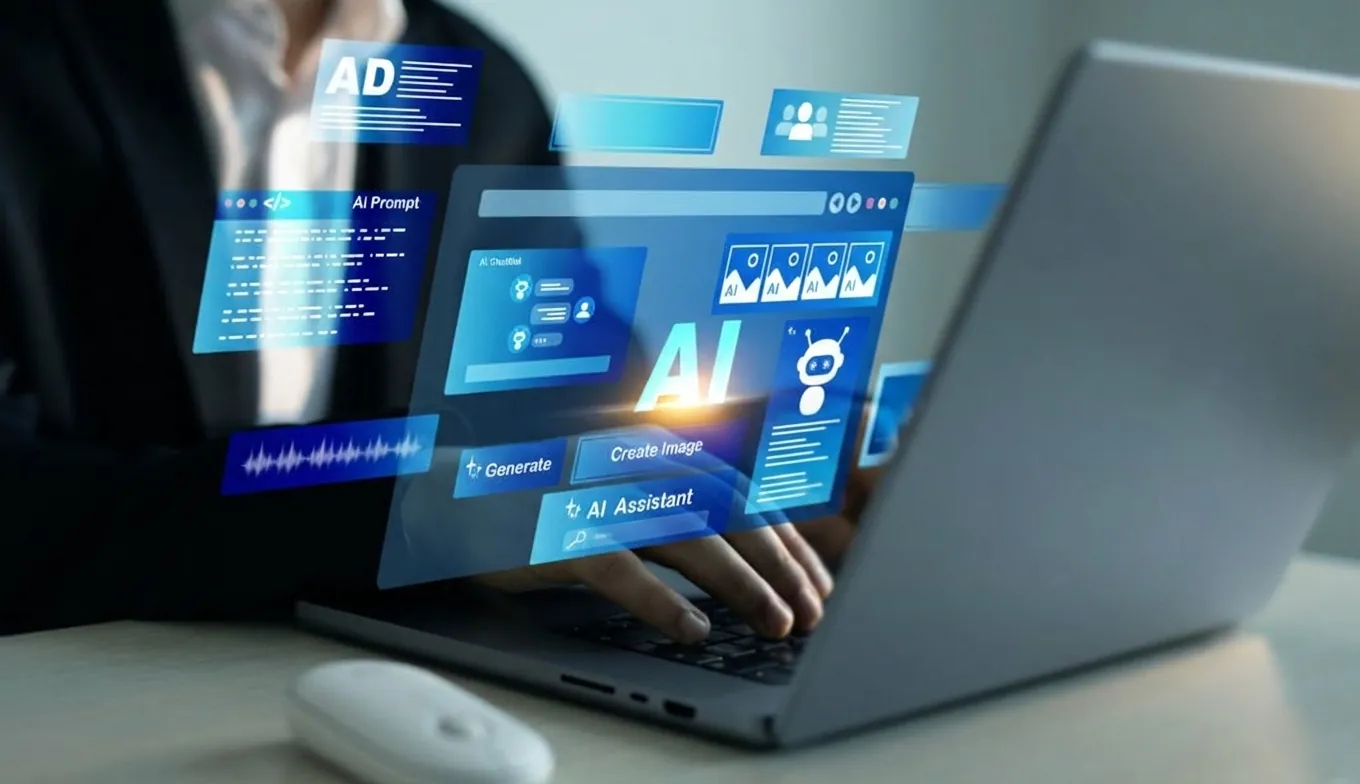 A person types on a laptop with digital graphics showing AI-related terms and icons, highlighting concepts like AI assistant, data analysis, and AI marketing automation tools.
