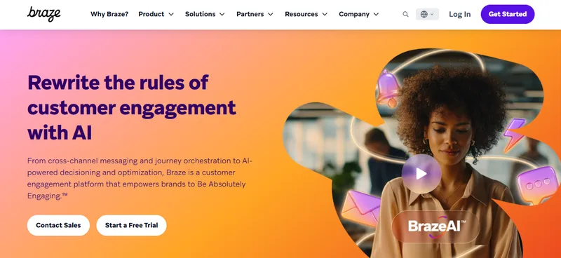 Braze's homepage headline, Rewrite the rules of customer engagement with AI, next to a BrazeAI video preview surrounded by push, email and chat icons.