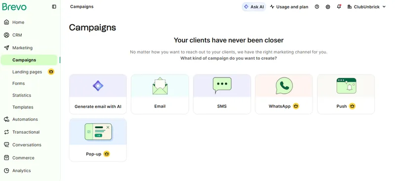 Brevo's Campaigns dashboard, showing the channel picker for email, SMS, WhatsApp, push and pop-up campaigns.