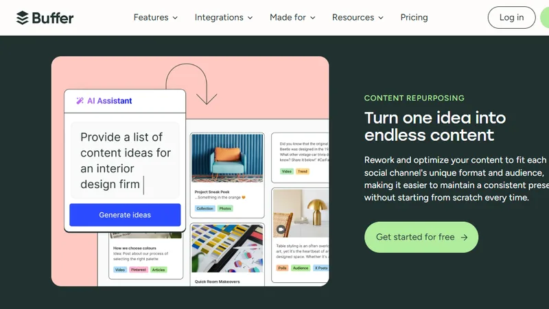 Buffer's Content Repurposing page, headlined Turn one idea into endless content, with its AI Assistant generating content ideas beside a queue of resized social posts.