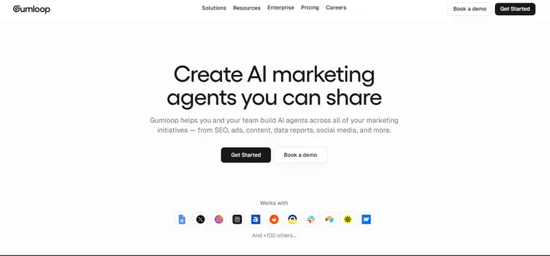 Gumloop's homepage headline, Create AI marketing agents you can share, listing SEO, ads, content, data reports and social media as covered initiatives.