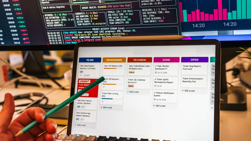 A tablet and multiple monitors display connected data dashboards, illustrating a no-code AI workflow automation canvas like Gumloop.