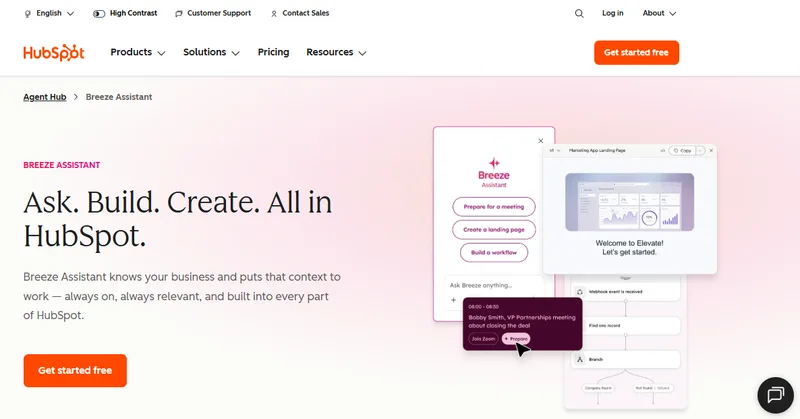 HubSpot's Breeze Assistant panel open beside a landing page draft, showing suggested actions like preparing for a meeting and building a workflow.