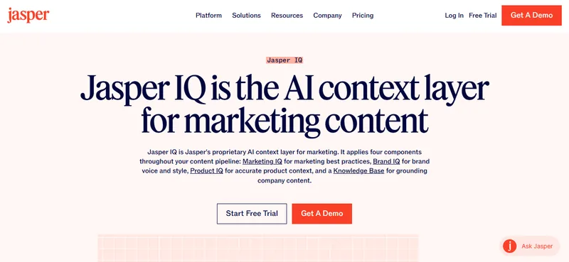 Jasper IQ page describing its AI context layer for marketing content, built from Marketing IQ, Brand IQ, Product IQ and a Knowledge Base.