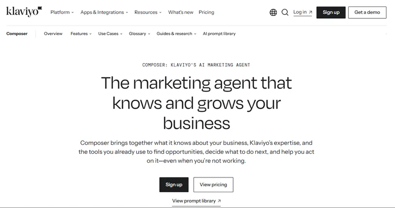Klaviyo's Composer landing page: an AI marketing agent that finds opportunities, decides what to do next, and acts on it.