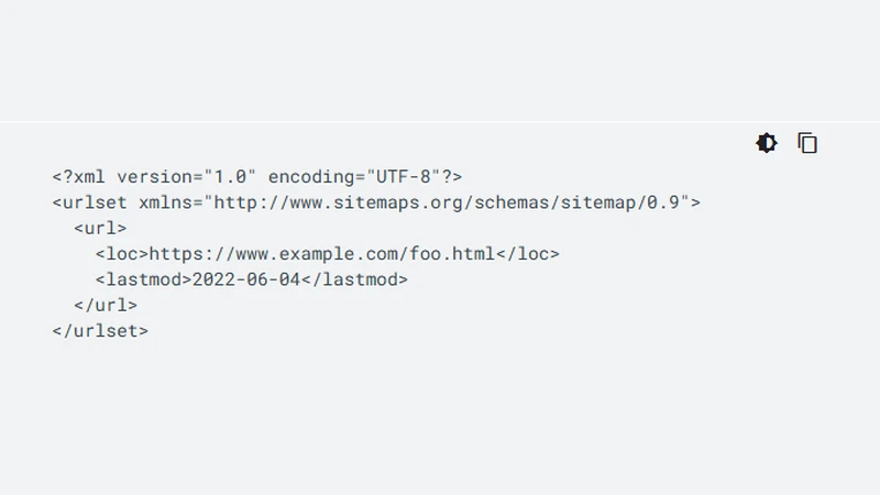 An example XML sitemap file from Google's own Search Central documentation, showing the urlset, url, loc, and lastmod tags.