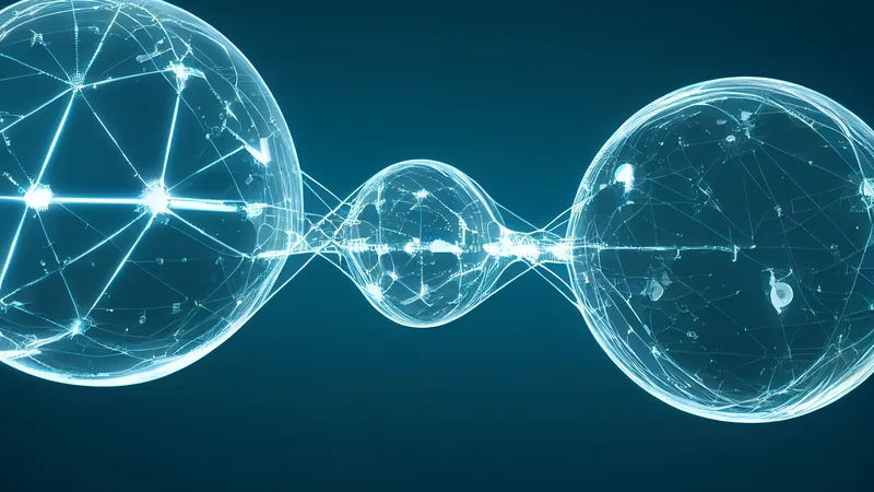 A 3D render of two large wireframe spheres built from glowing blue nodes and lines, joined through a much smaller sphere sitting between them on a dark teal background.