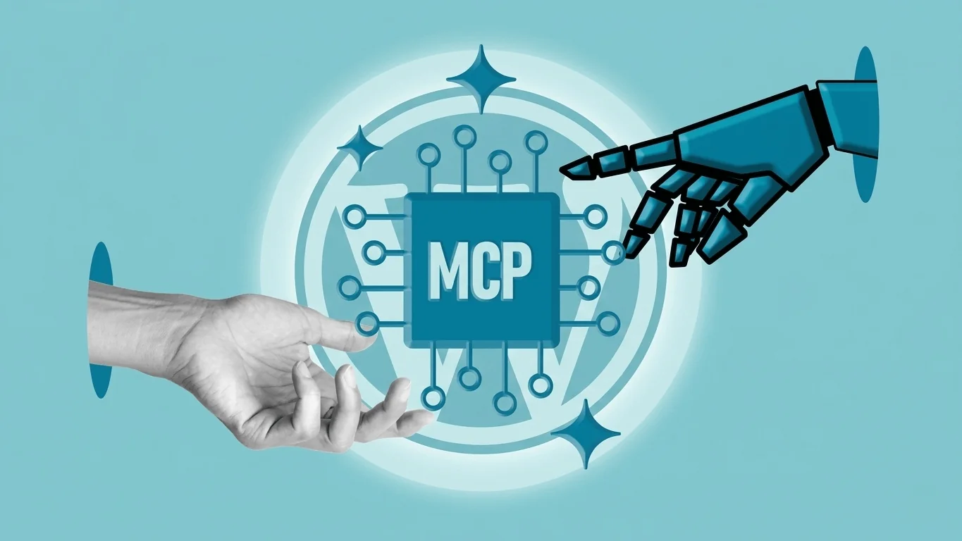 A human hand and a robotic hand reach toward each other over a glowing WordPress logo, an MCP microchip wired between them, standing in for WordPress and AI working as one system.