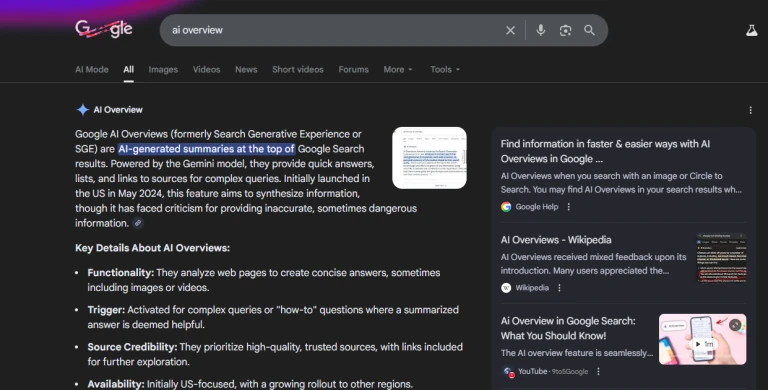 A Google AI Overview panel at the top of the results for the query "ai overview", summarising what AI Overviews are and listing source links down the right-hand side