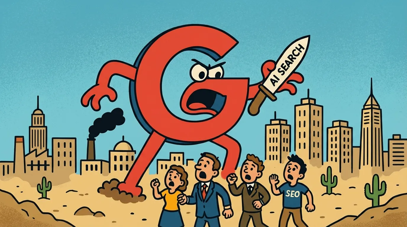A giant red "G" holding a Google AI Overviews sword towers over a city, alarming five people, one labeled "SEO," in a desert-like environment with buildings and cacti.