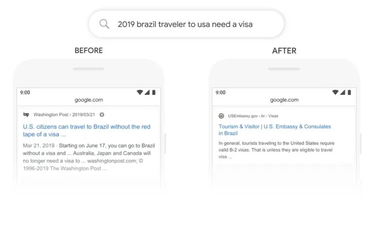 Two phones side by side showing Google results for "2019 brazil traveler to usa need a visa": before BERT the top result is about US citizens travelling to Brazil, after BERT it is the US Embassy visa page