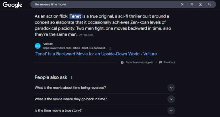 Google results for the query "the reverse time movie", where a featured snippet names the film Tenet even though the search never mentioned its title