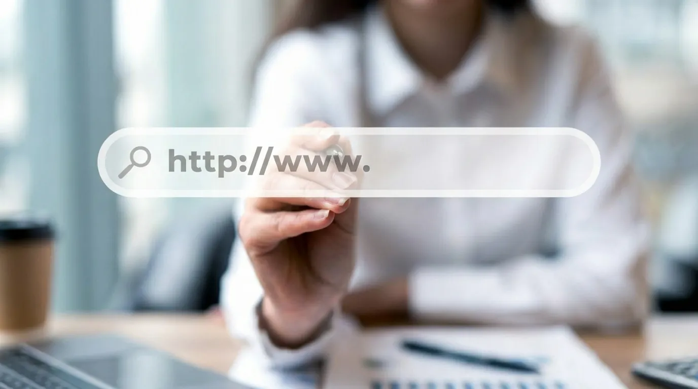 A woman in a white shirt reaches out to touch a floating search bar showing "http://www.", waiting for a domain name to be typed into it.