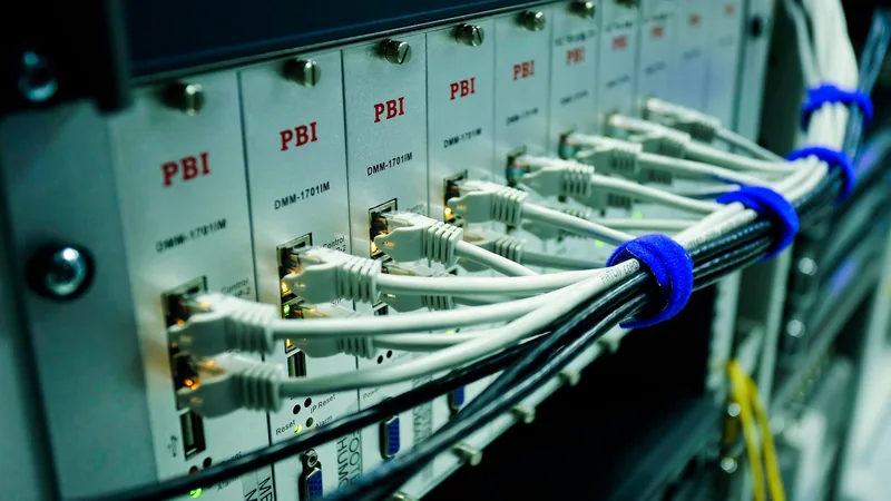 White patch cables plugged into a row of rack-mounted network switch modules, the ports lit orange and green, the cable run gathered into a bundle with blue velcro straps.