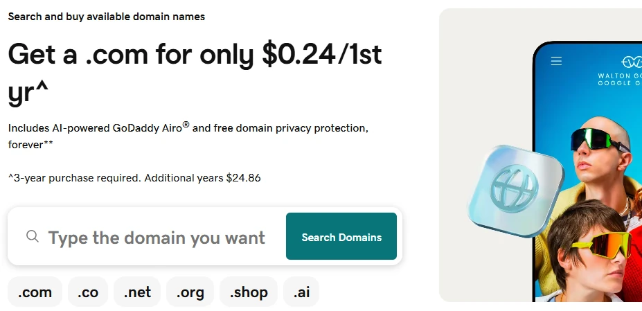 GoDaddy's domain search page offering a .com for $0.24 for the first year, with a search box and buttons for the .com, .co, .net, .org, .shop and .ai extensions