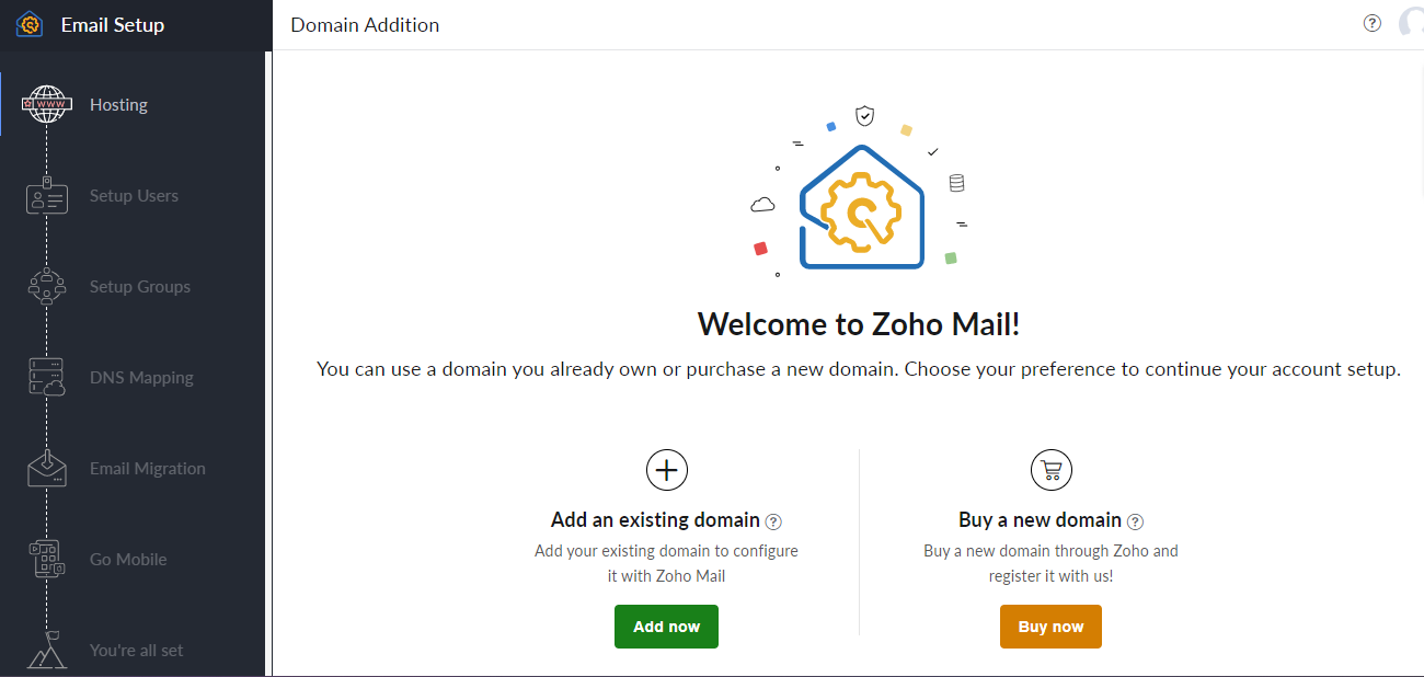 Zoho Mail's Domain Addition step, offering a choice between adding a domain you already own and buying a new one through Zoho