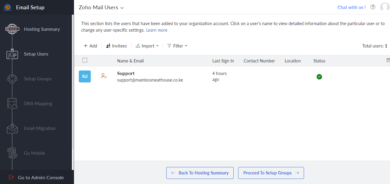 The Zoho Mail Users list after setup, showing one active mailbox on the verified domain with its last sign-in time