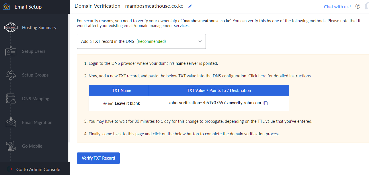 Zoho Mail's Domain Verification step showing the TXT record name and zoho-verification value to paste into the domain's DNS