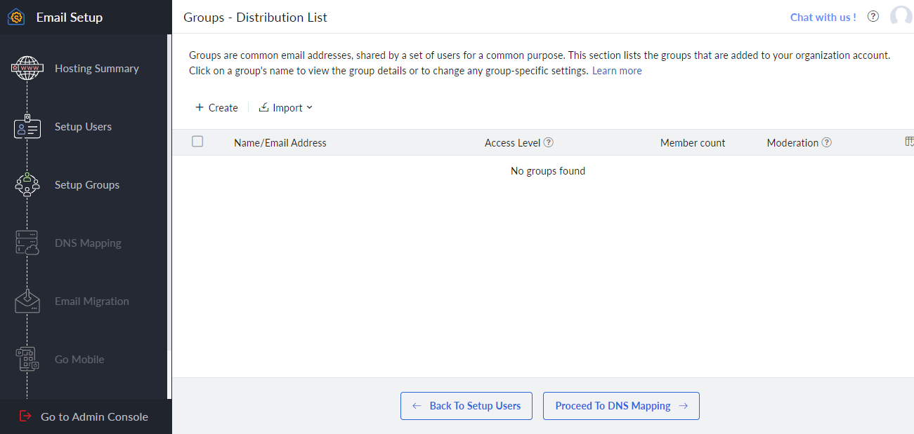 Zoho Mail's Groups step, where shared distribution addresses are created — empty here, with Create and Import buttons above the list