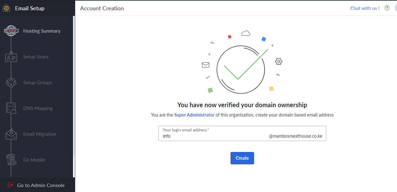 Zoho Mail confirming the domain is verified and prompting for the super administrator's login address on the new domain