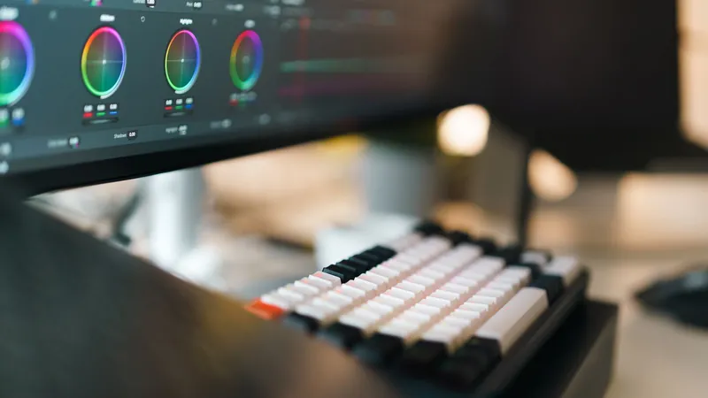 Colour grading wheels on an editing monitor above a white mechanical keyboard, the rest of the desk thrown out of focus