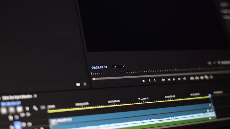 A video editing timeline on a dark monitor showing a timecode of 00:28:03:37 and a single long blue clip stretching past the 20-minute marker