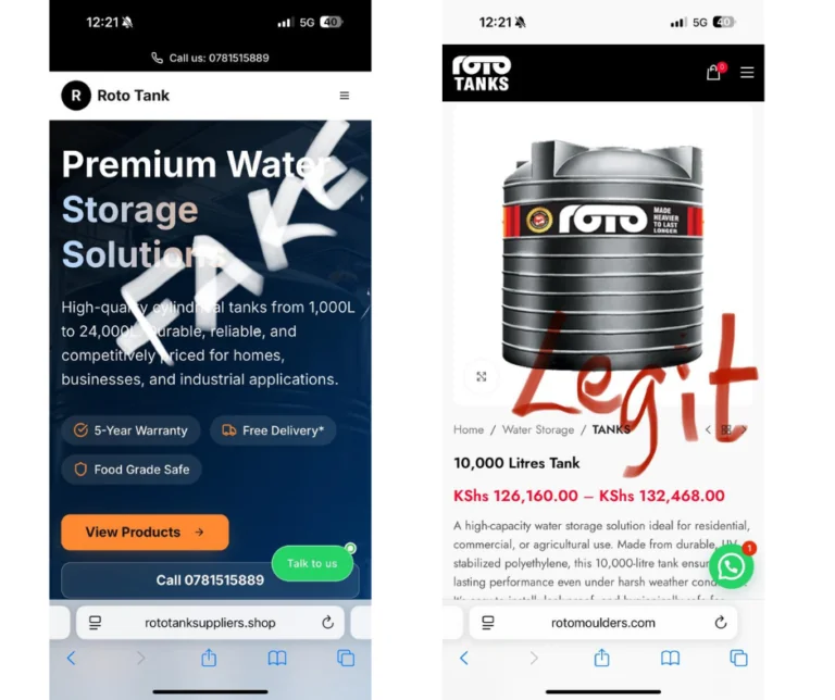 Two water tank shops side by side on a phone: the fake one at rototanksuppliers.shop marked FAKE, and the genuine Roto Tanks store at rotomoulders.com marked Legit