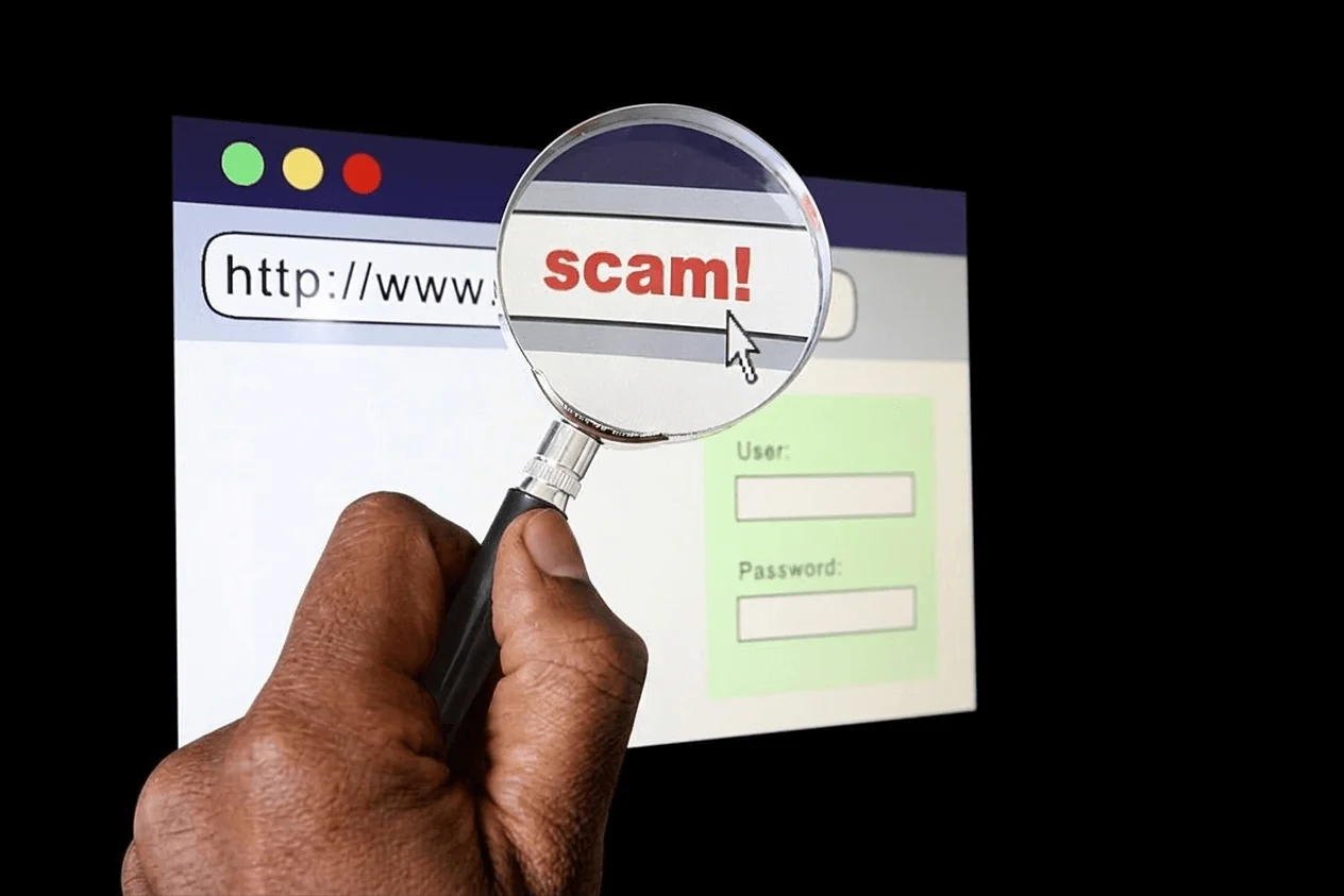 A hand holding a magnifying glass highlights the word "scam!" on a web browser login page with fields for username and password, teaching how to spot fake websites