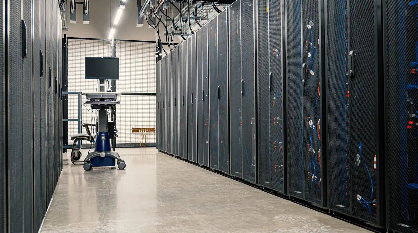 A data centre aisle lined with black server cabinets, patch cables visible through the mesh doors and a monitor on a trolley at the far end