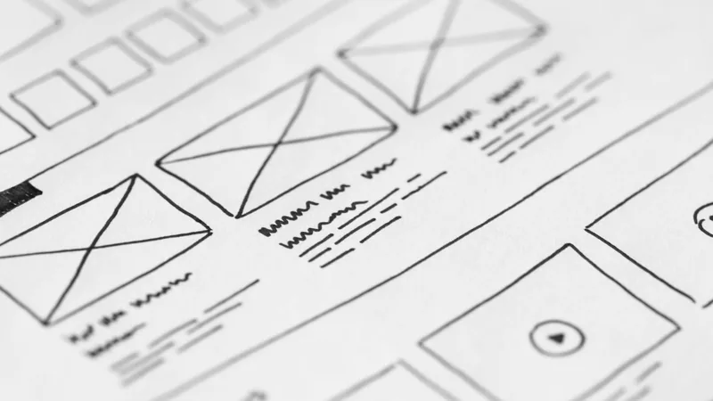 A hand-drawn website wireframe on paper: boxes with crossed diagonals standing in for images, ruled lines for body text, and a row of navigation tabs across the top.