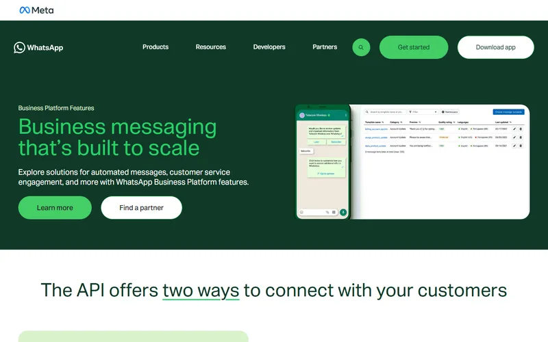 The WhatsApp Business Platform features page, headlined “Business messaging that’s built to scale,” showing a phone chat next to a message template management dashboard.