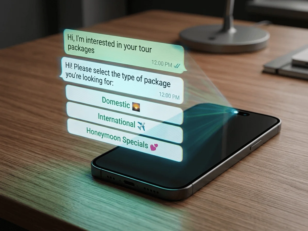 A smartphone on a desk displays floating chat messages about tour packages, enhanced by WhatsApp automation for business, with options for Domestic, International, and Honeymoon Specials appearing above the screen.