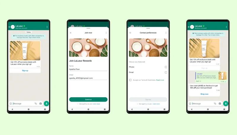 Four WhatsApp chat screens showing skincare brand LaLueur’s rewards Flow: signing up with a name and email, setting contact preferences, then receiving a follow-up message with a 10% discount code.