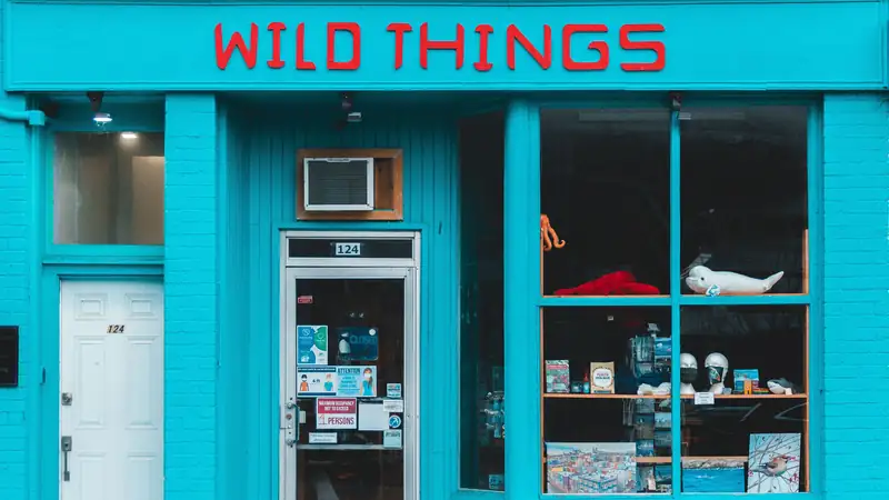 A shopfront painted bright turquoise, with “Wild Things” in red letters above the door, a glass door marked 124 covered in notices, and a window of toys and prints.
