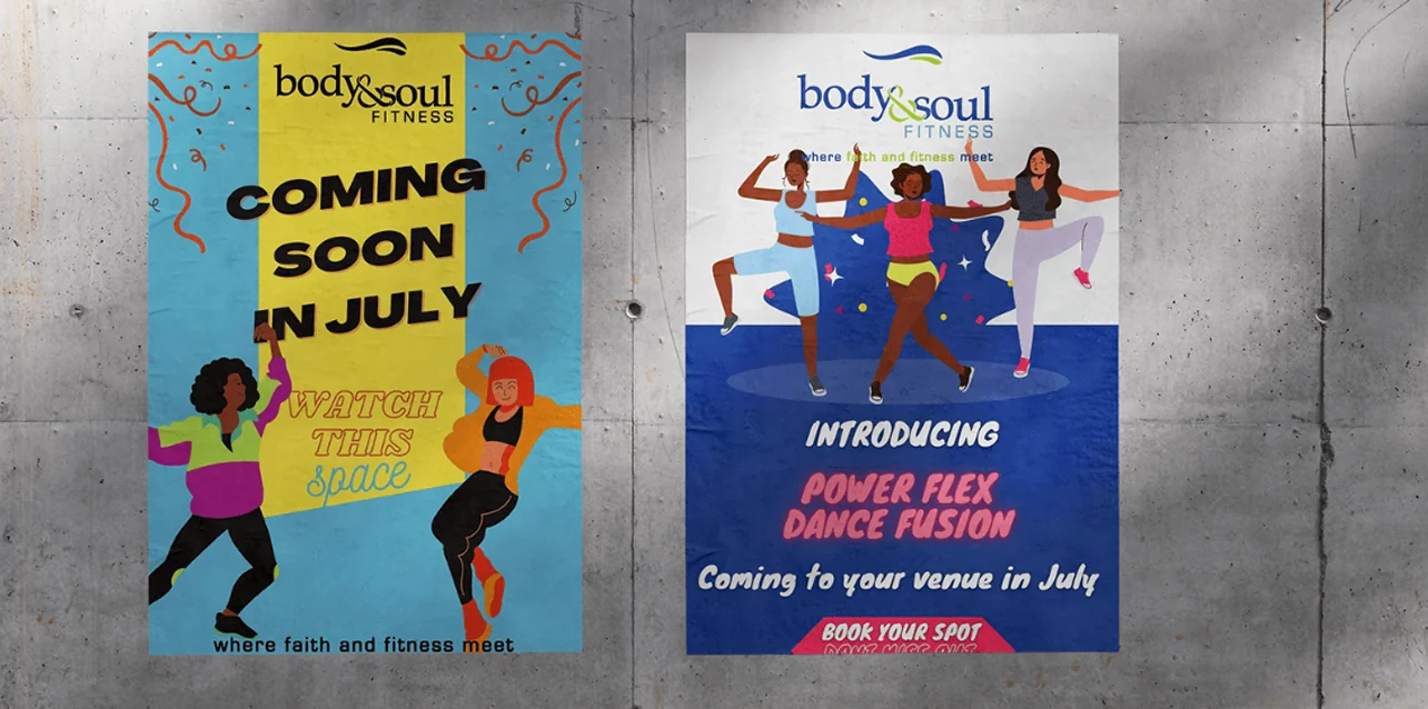 Body & Soul Fitness posters — dance class launch campaign