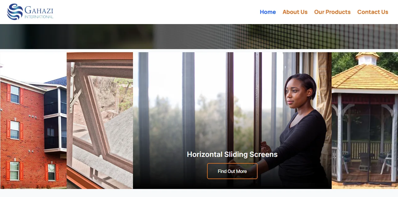 Gahazi International website — window screens product homepage