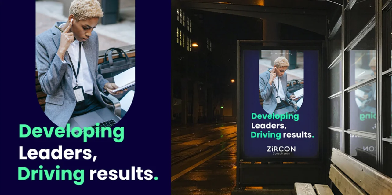 Zircon Consultants brand identity — campaign artwork on a bus-stop poster