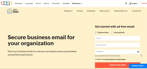 Free Business E-mail Zoho Mail Signup Page