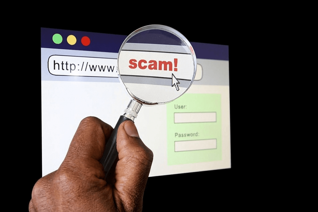 A hand holding a magnifying glass highlights the word "scam!" on a web browser login page with fields for username and password, teaching how to spot fake websites